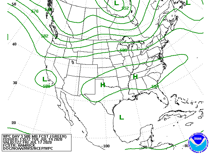 Upper-level forecast map for Friday, showing location of high pressure ridge and mid-level low pressure in the Gulf of Mexico.